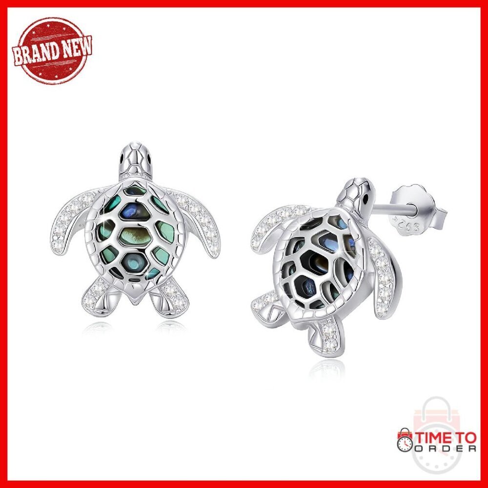 Sterling Silver Turtle Stud Earrings with Aquamarine Birthstone
